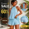 Vestido de verano para mujer con cuello halter, espalda descubierta y amarre, con shorts de seguridad incorporados, falda corta de gasa, vestido de línea A estilo vacacional
