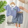 Traje de verano para niños 2023, nuevo traje para niños, traje de verano para bebés, rayas, dinosaurio pequeño, manga corta, elegante y a la moda.