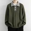 Suéter Polo de Color Contrastante para Hombre Otoño Invierno Cuello de Solapa Tejido de Punto Retro Holgado Top Básico Casual de Punto para Hombre