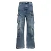 Jeans de Trabajo Funcionales con Múltiples Bolsillos para Hombre, Pantalones Rectos Sueltos Estilo Punk Retro Lavados Desgastados con Sentido del Diseño