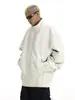 Chaqueta Retro Americana Coach Cuello Alto Chaqueta Hombres Otoño e Invierno Color Sólido Casual Holgada Cremallera Ropa de Trabajo Chaqueta de Vuelo