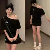 Conjunto Deportivo Xiaoxiangfeng para Mujer, Moda de Verano, Estilo Coreano, Corte Holgado, Hombros Descubiertos, Manga Corta, Falda Corta, Vestido Elegante, Conjunto de Dos Piezas