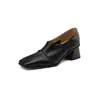 Zapatos de tacón alto gruesos estilo retro, punta cuadrada, piel genuina, corte profundo, para mujer, versátiles para el día a día, Primavera y Otoño 2026, mocasines slip-on