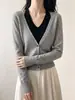 Cárdigan Gris Francés de Cuello en V para Mujer Otoño Manga Larga Tejido de Punto Falso de Dos Piezas Halter Adelgazante Botones Suéter Capa Base