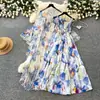 Vestido Estampado Estilo Resort Francés para Mujer, Mangas Tres Cuartos, Ceñido a la Cintura, Conjunto de Dos Piezas Adelgazante, Ropa de Trabajo Elegante de Verano con Perlas