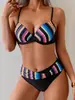 Traje de baño de dos piezas bikini push-up con aros y rayas de arcoíris