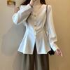 Talla grande Otoño Nuevo para Mujer Estilo Commuter Hermana Gordita Elegante Camisa Slim a la Moda Combinable Botón Color Sólido Top para Mujer