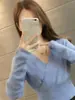 Camisa base de malha sexy com decote em V para afinar a cintura feminina, suéter estiloso e versátil para outono e inverno, blusa de manga comprida para usar por dentro ou por fora