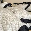 Juego de Cuatro Piezas de Puro Algodón Estilo Francés, Estampado Estilo Hepburn 100% Algodón, Adecuado para Dormir Desnudo, Funda de Edredón Lavable a Máquina, Sábana, Juego de Tres Piezas para Dormitorio