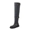 Botas Longas de Couro de Vaca Dupla Camada Outono e Inverno Botas de Cano Alto Arredondadas Botas Vintage Bico Redondo Salto Médio Cor Desgastada Botas Femininas Retas de Cano Alto