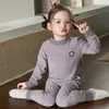 Conjunto de Roupa Íntima Térmica Sem Costura de Lã e Seda Infantil para Meninos e Meninas, Top e Calça Derong de Gola Redonda para Outono, Pijama para Casa