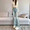 Jeans Feminino 2024 Outono Novo Estilo Americano Cintura Alta Fivelas Duplas Cor Clara Micro-Levante Skinny Modelador Calça Flare no Quadril