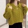 Suéter Feminino de Tricô Vermelho Curto Transfronteiriço 2025 Outono/Inverno Novo Estilo Coreano Solto Estilo Preguiçoso Gola Polo Malha