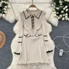 Vestido Elegante Slim-fit de Malha Feminino 2024 Novo com Lapela, Manga Longa, Babados e Botões