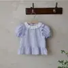 Blusa Feminina de Renda com Manga Curta Bufante Estilo Coreano para Crianças Pequenas 26 Estilo Verão Doce e Fofa Versátil Blusa Pulôver para Meninas