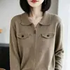 Cárdigan de punto con cuello polo y cremallera para mujer, suéter simple con bolsillo, abrigo de temperamento, manga larga, capa base para superponer