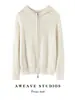 Cardigan com Capuz Tricotado 100% Caxemira Kang Sai Ni Feminino Zíper Duplo Casual Esportivo Casaco Suéter para o Dia a Dia