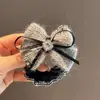 Estilo Coreano Outono e Inverno Cinza Lã Laço com Strass Elástico de Cabelo para Mulheres, Doce Acessório de Cabelo Elástico para Coque