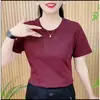 Fio de Alta Elasticidade Versátil Moda Verão Nova Camiseta de Manga Curta Gola Redonda Feminina Brilhante Seda Top Efeito Emagrecedor Roupa de Mãe Peça de Baixo