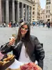 Chaqueta Corta de Cuero Retro Casual con Cintura Ajustable y Cuello Alto, Chaqueta Holgada para Mujer, Nueva Otoño 2025, Transfronteriza Europea y Americana