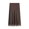Comercio Exterior Francés Otoño e Invierno Nuevo Color Puro Estilo Dulce Diseño de Empalme de Encaje Cintura Alta Ajustado Falda Midi