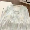 Pijama Estilo Princesa para Mulheres, Primavera/Outono, Bojos Finos Embutidos, Renda de Algodão Nuvem, Conjunto de Roupa de Casa com Blusa de Manga Longa e Calça Longa