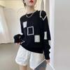 Suéter a cuadros de colores combinados estilo estación europea Otoño Nuevo Suelto Retro Cuello redondo Suéter para mujer Camisa base para combinar con todo