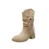 Botas egípcias de couro, coleção outono/inverno 2026, com franjas, cano longo, salto grosso, estilo cowboy ocidental e design de salto bloco para mulheres