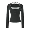 Camiseta de manga larga con cuello en U estilo perezoso, top corto de tirantes para mujer con sujetador incorporado, conjunto casual