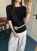 Top de punto para mujer, 48 unidades, seda de morera, lana merino, espiga, cuello medio alto, manga corta, corte ajustado, color liso, versátil, otoño
