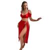 Comércio Exterior Transfronteiriço Lingerie Nova Sexy Europeia e Americana Sexy Feminina Malha Ombro Caído Fenda Alta Saia Longa Conjunto Sexy Atacado