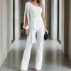 Conjunto casual europeu e americano, top drapeado de um ombro só com mangas compridas em estilo francês com calça pantalona de cintura alta, conjunto de duas peças, vestuário feminino transfronteiriço