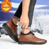 Zapatos de Algodón de Cuero Genuino para Hombre de Edad Media y Mayores de Invierno, Zapatos de Cuero Antideslizantes, Forrados de Felpa, Engrosados, Cálidos, de Suela Suave, Zapatos de Cuero de Algodón para Papá