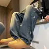 Jeans Bordado Estilo Hip Hop Americano de Rua Masculino Primavera Outono Verão Fino Solto Perna Reta Calça Longa Masculina