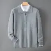 Nuevo cárdigan de punto 100% lana para Otoño e Invierno, chaqueta con cremallera para hombre, suéter de lana de color liso con cuello POLO, top casual