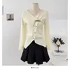 Top de Punto Irregular de Manga Larga con Cuello en V y Bordes Fruncidos para Mujer, Otoño e Invierno, Corte Ajustado, Top Favorecedor para Mujer