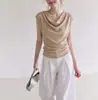 Camiseta corta de manga corta color caqui estilo coreano, hombros descubiertos para mujer, diseño de nicho de verano, corte ajustado, top sin mangas elegante y de alta gama
