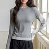 402 Selección Premium Lyocell Acetato Falso Dos Piezas Cuello Redondo Camiseta Base para Mujer, Otoño/Invierno Camiseta de Manga Larga de Lana Merino