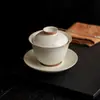 Juego de Té Gaiwan de Cerámica Beige con Esmalte Craquelado del Horno Ru de las Dinastías Tang y Song, Tres Piezas para Uso Doméstico, Tazón para Servir Té, Tapa y Base, Tazón para Preparar Té