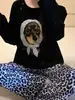 2026 Em Estoque 180 Quilates Imitação Algodão Estampa de Leopardo Dachshund Manga Longa Calça Longa Conjunto de Loungewear Solto Feminino Outono