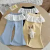 Pantalones acampanados elegantes para niña con estampado de limón, nuevo estilo de otoño para bebé niña, versión coreana, pantalones largos de encaje, para primavera y otoño, pantalones de chándal versátiles