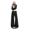 Jeans de Perna de Foice Retro Americano Feminino 2026 Verão Novo Botão Frontal Cintura Alta Solto Modelador Comprimento Total Perna Larga Calças