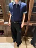 Miu azul camisa polo falsa de duas peças com meio zíper e manga curta masculina verão retrô americano solta casual xadrez camiseta de manga curta