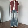 Calça Jeans Flare Rasgada com Tinta Azul Salpicada Cleanfit para Homem, Estilo High Street Americano, Calça Reta Fina Lavada para o Verão