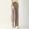 Pantalones de Lana 100% Pura de Pierna Ancha para Mujer, Pantalones de Punto Brillantes de Seda con Cintura Alta, Caída Recta, Largo Hasta el Suelo, Pantalones Largos Adelgazantes para Otoño e Invierno