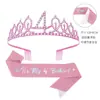 Set de dos piezas de diadema y cinturón con corona brillante de strass para niña europea y americana, cinturón de etiqueta, decoración de cumpleaños, artículos para fiestas en stock