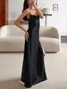 Vestido de encaje de deseo puro estilo francés, entallado en la cintura, corte sirena ajustado, escote en V, sin tirantes, moderno, sexy, vestido largo con abertura alta para mujer
