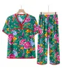 Conjunto de Algodão e Seda de Manga Curta para Primavera e Verão para Meia-Idade e Idosos, Conjunto de Algodão e Seda com Estampa Grande Dongbei Estilo Celebridade da Internet, Conjunto de Duas Peças Fino e Estiloso para Casa