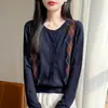 Cárdigan de Punto con Cuello Redondo de Diamantes de Lana Fina Transfronterizo Otoño e Invierno Suelto Nuevo Top Lana Manga Larga Mujer Bloque de Color 20 Ropa de Abrigo
