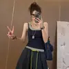 Camisola Estilo Coreano com Painéis de Cores Contrastantes Falsa Peça Dupla Feminina para o Verão Peça Externa Afinando Corpo Roupas de Menina Hot Sem Mangas